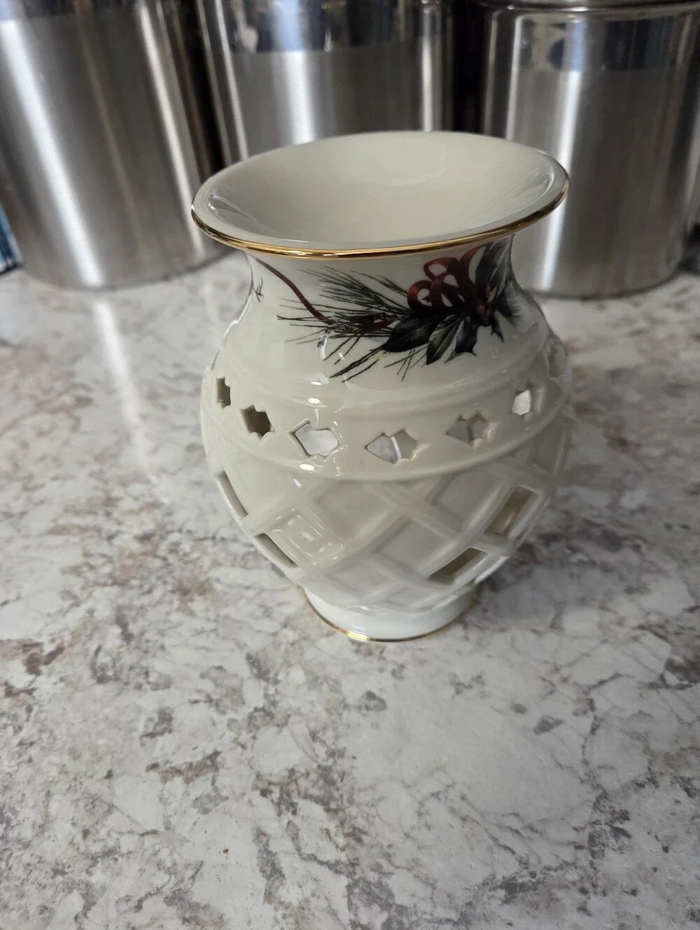 Lenox Tea light Wax Warmer Winter Greetings/Christmas Porcelain Excellent Cond.